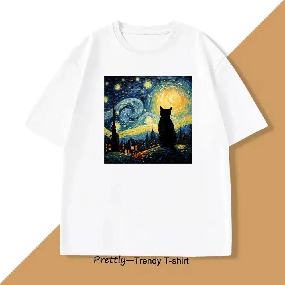 Nuit étoilée Van Gogh chat imprimé T-shirt 2025 femmes hommes été décontracté ample drôle mode col rond à manches courtes haut T-shirt