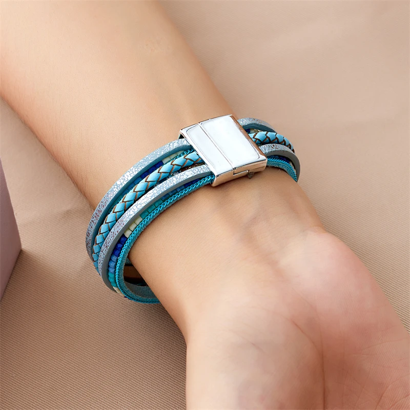 Böhmische Vintage mehr schicht ige Leder armbänder für Frauen hand gefertigte gewebte Leder breite Magnet verschluss Herren Armreif Modeschmuck – Detail 21