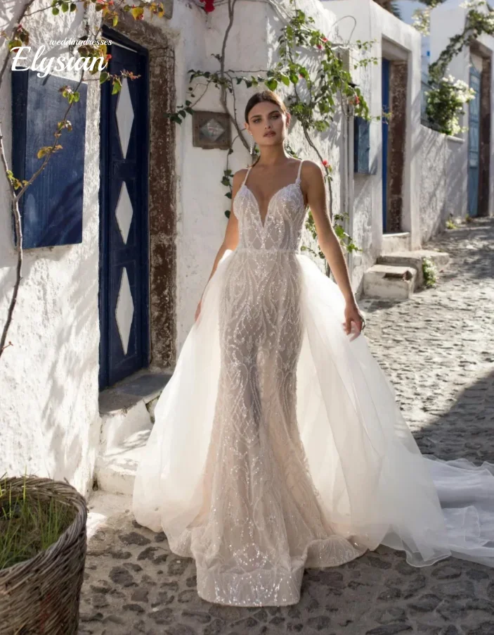 

Customized Sexy Sequins Mermaid Wedding Dresses Applique Spaghetti Strap Sleeveless Bride Gown Tulle Sweep Train Bridal Dresses