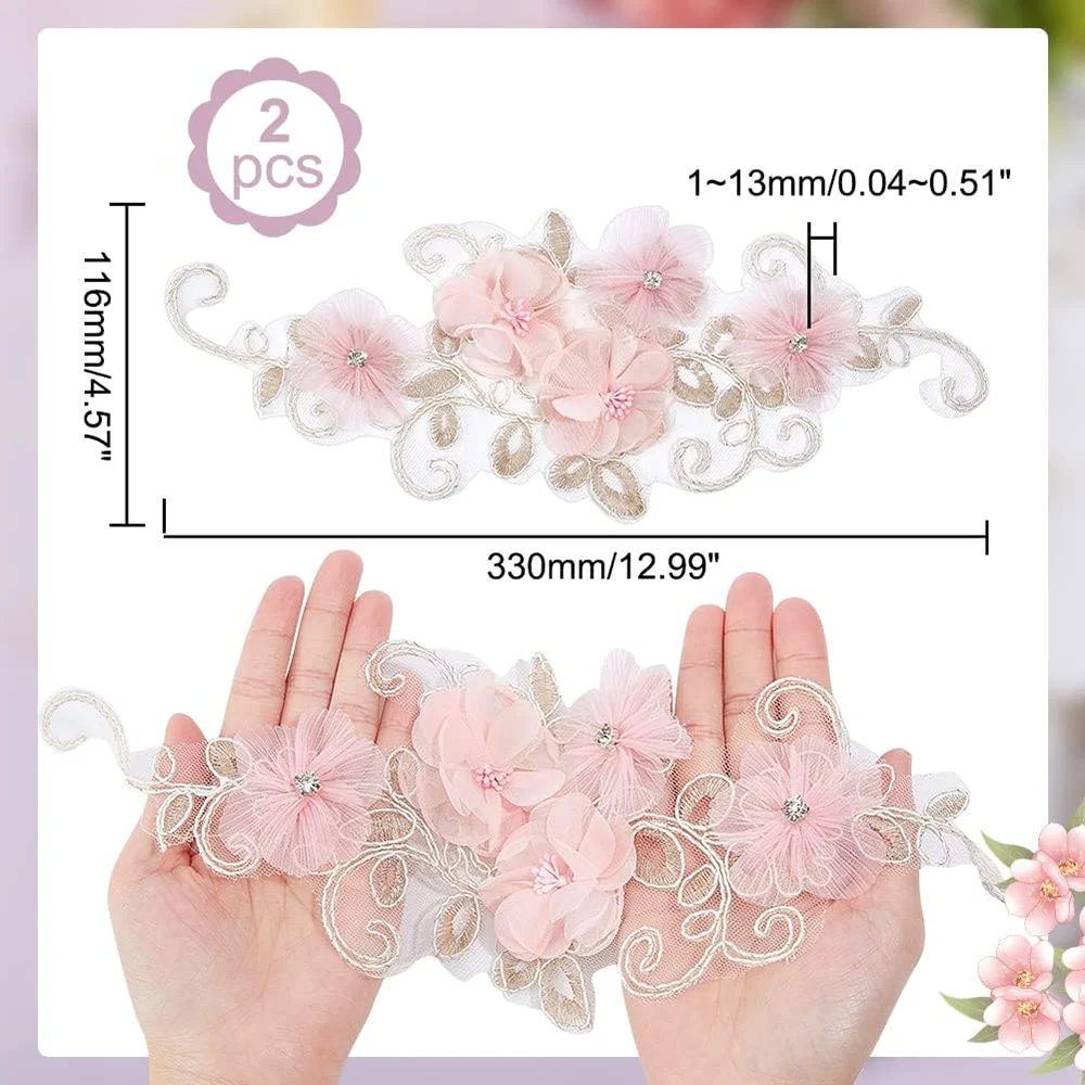 1Piece 3D Pink Flower Lace Applique with Rhinestone Patche Floral Embroidered Appliques Repair