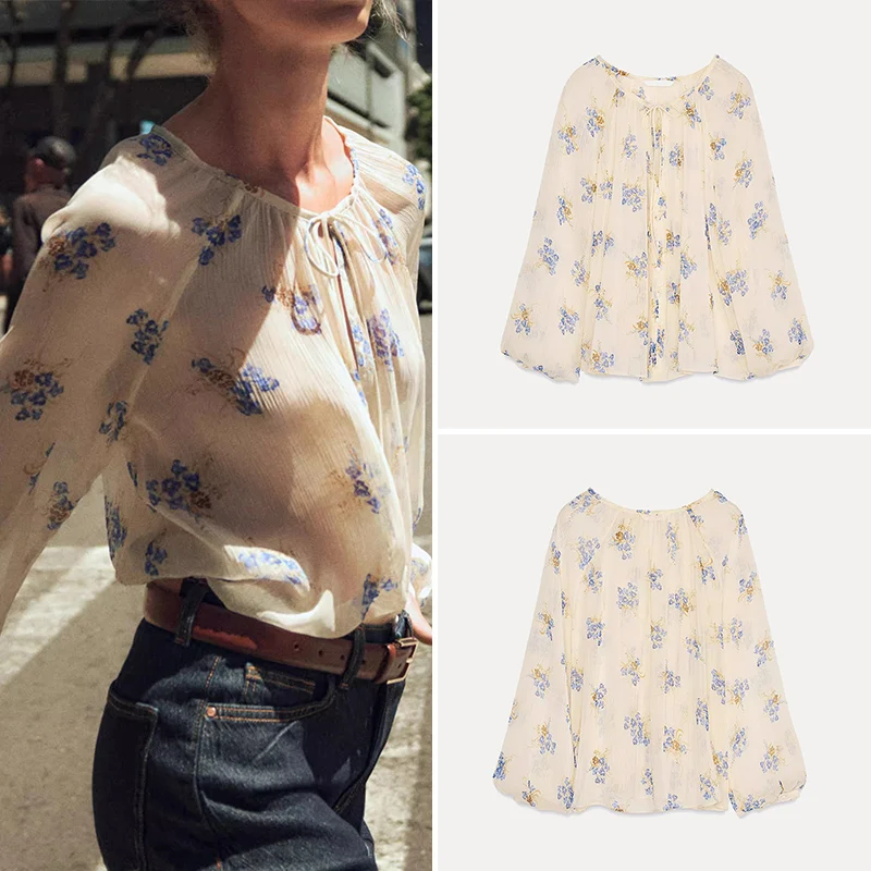 Zadata Women's Casual Shirt Floral Print Semi-Transparent round Neck 2025 New Style 100% Polyester Fiber Ladies Premium