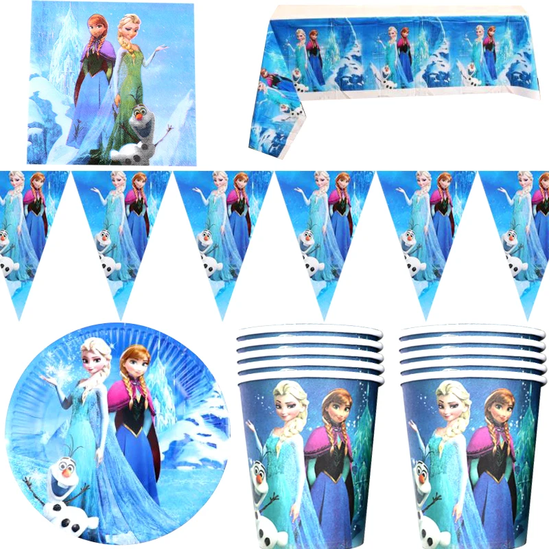 

51pcs/lot Disney Frozen Elsa Anna Theme Birthday Party Flags Plates Cups Tablecloth Napkins Baby Shower Decorations Banner