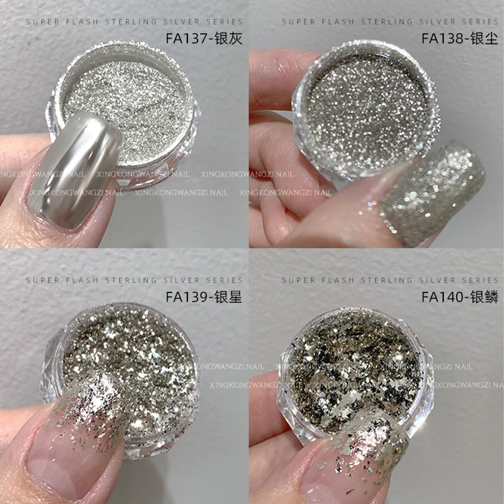 4 Jars Silver Glitter Nail Powders set, Holographic Shiny Sequins Flakes, Chrome Powder Sparkle Pigment Dust for Nails DIY Flash
