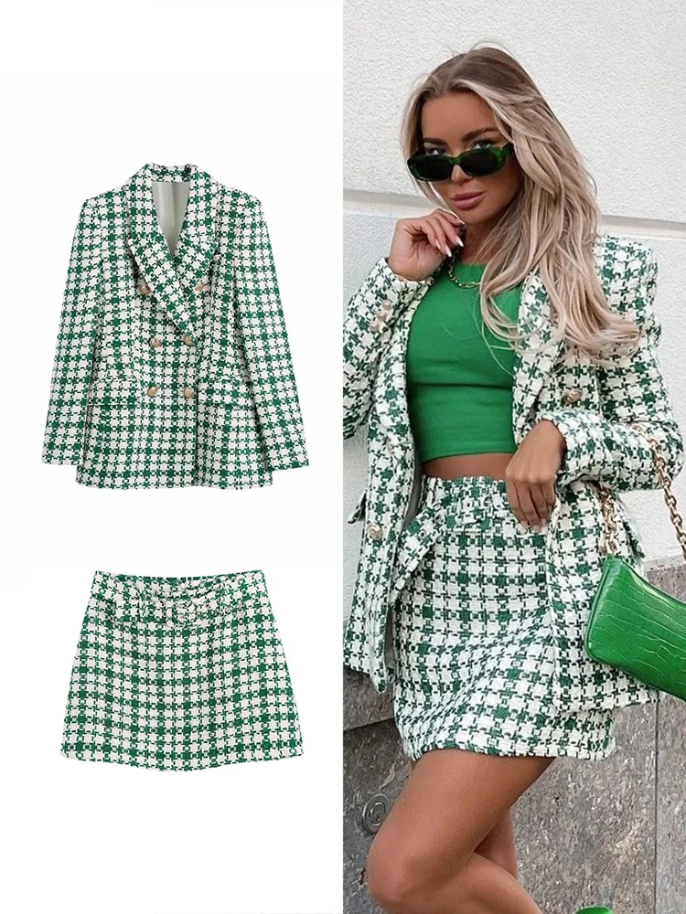 ZBZA Women\'s Tweed Suit Suit Pure Color Plaid Suit Fashion High Waist Half-body Skirt Autumn and Winter Women\'s Clothing