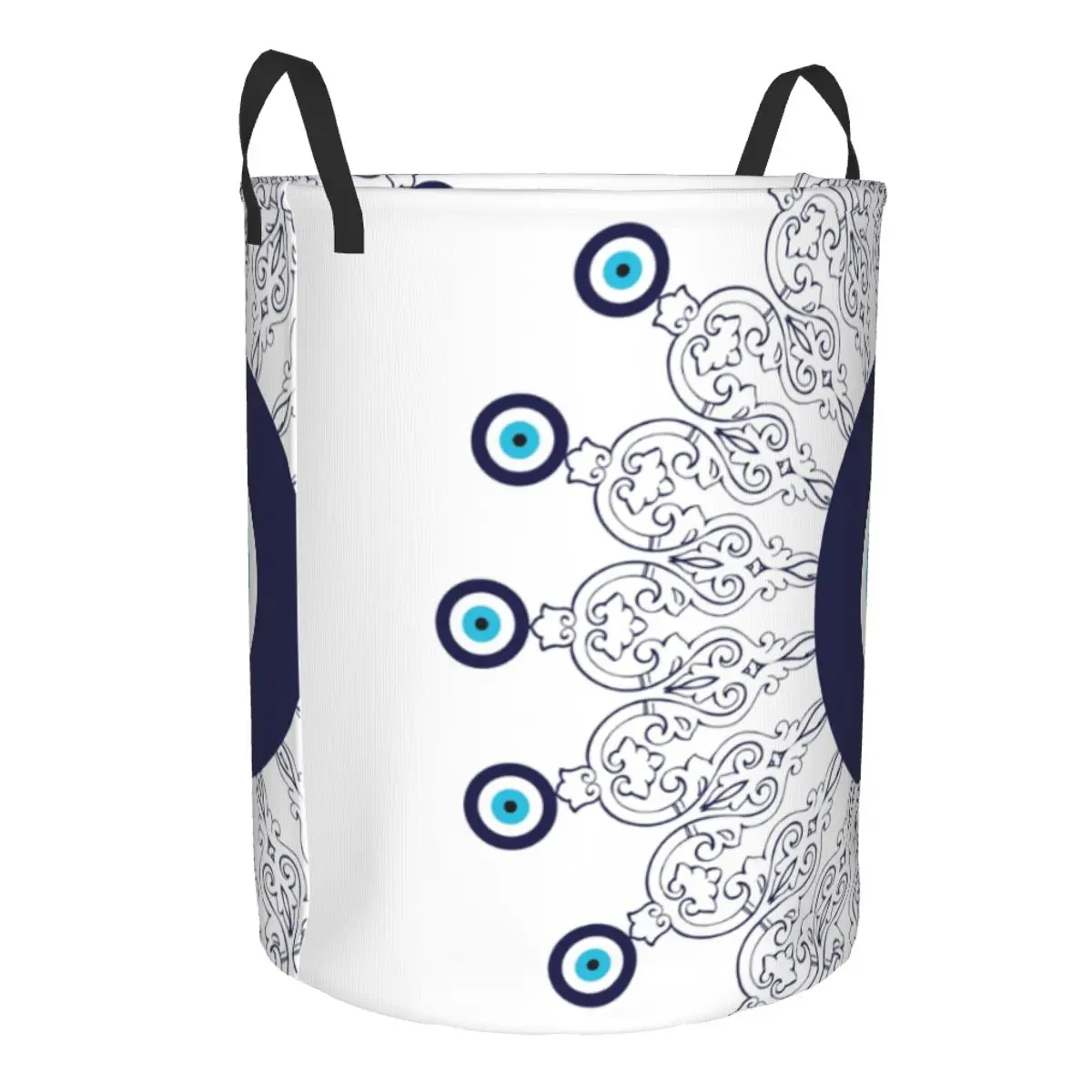 Navy Blue White Mediterranean Evil Eye Mandala Laundry Basket Collapsible Bohemian Boho Clothing Hamper Organizer Storage Bins