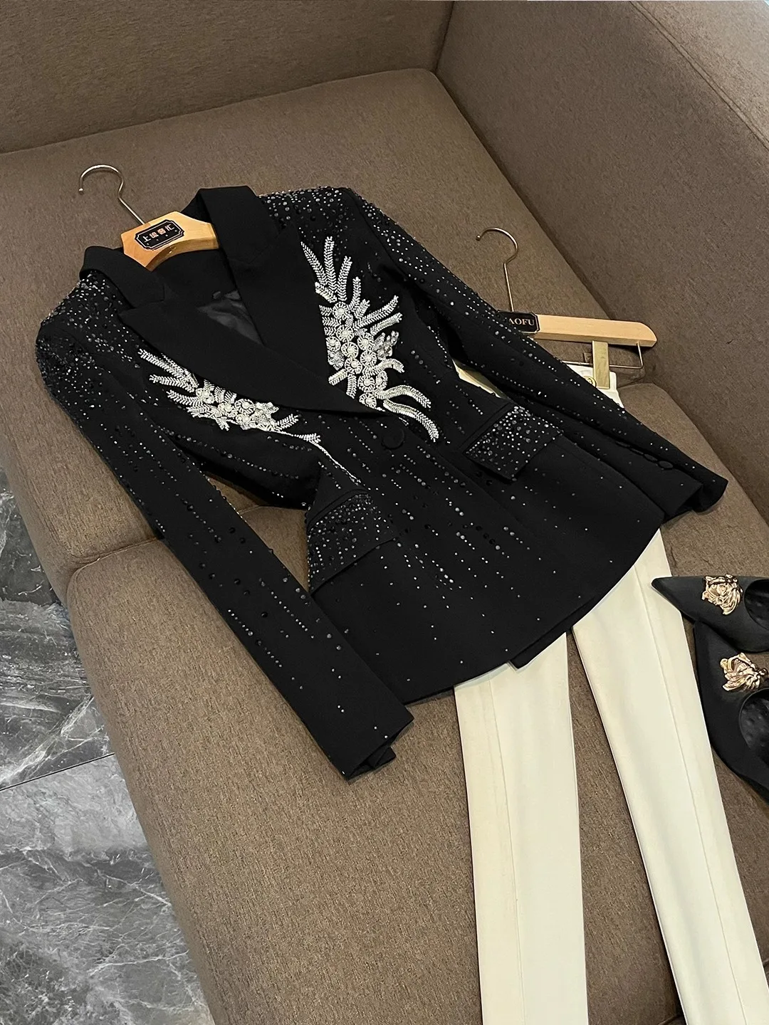 Elegant Black Heavy Rhinestone Suit Jacket Women's Commute Design Sense Sequin Black Suit Long Sleeve Female Outerwear