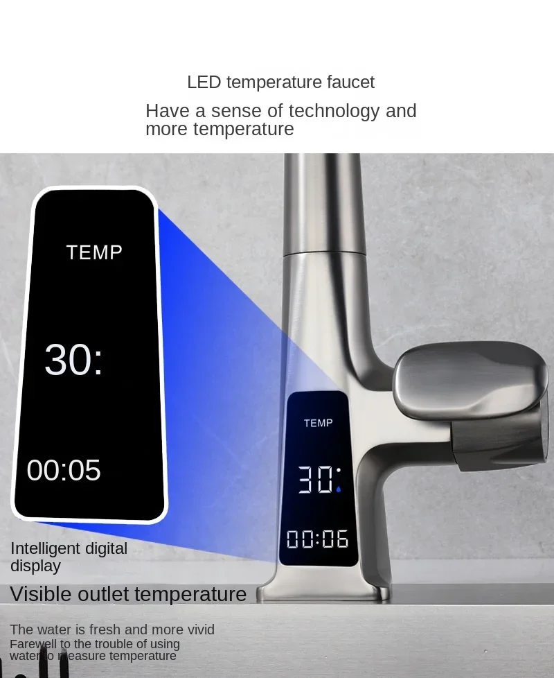 Imagem -04 - Torneira Giratória e Elástica Pia de Cozinha Display Digital Cachoeira Multifuncional Tração Doméstica