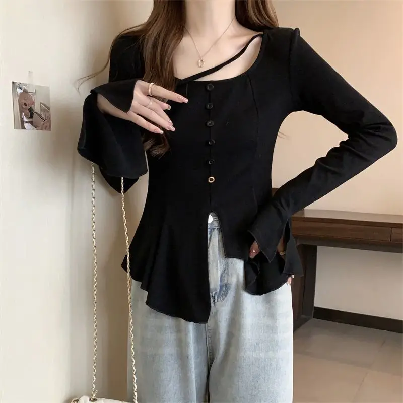 

Y2K Irregular Flared Sleeves Youth T Shirts Spring Autumn New Long Sleeve Solid Korean Tops Fashion High Street Women Clothing