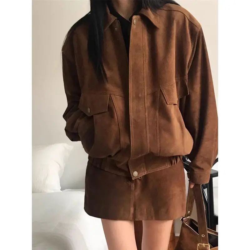 Conjunto de 2 peças para mujer casual retro terno feminino lapela solta jaqueta de manga comprida a linha saia jaqueta de couro feminino