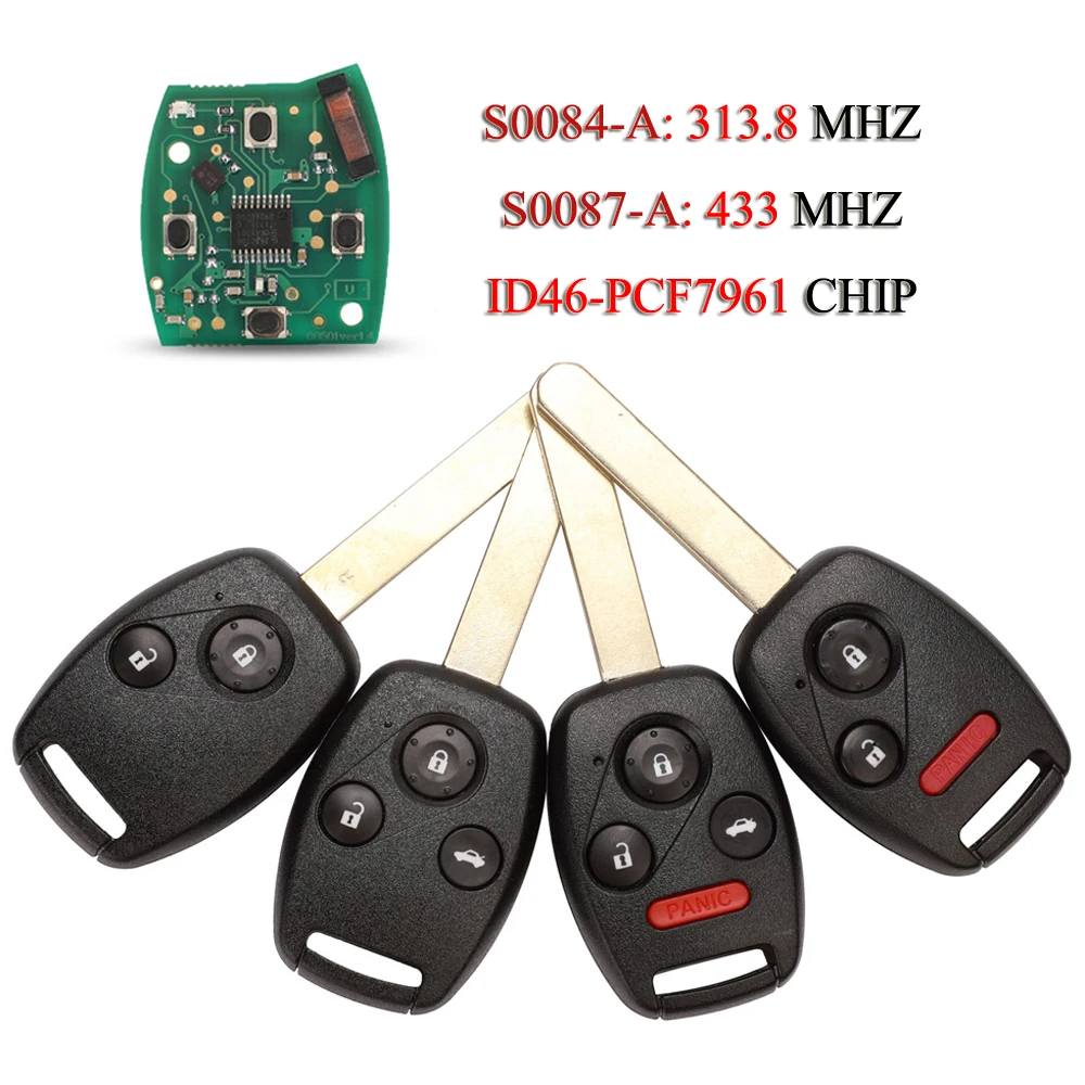 

jingyuqin N5F-S0084-A N5F-S0087-A Remote Car Key For Honda Civic 2006+ ID46 PCF7961 Chip 313.8/433Mhz 2/3/4 Buttons