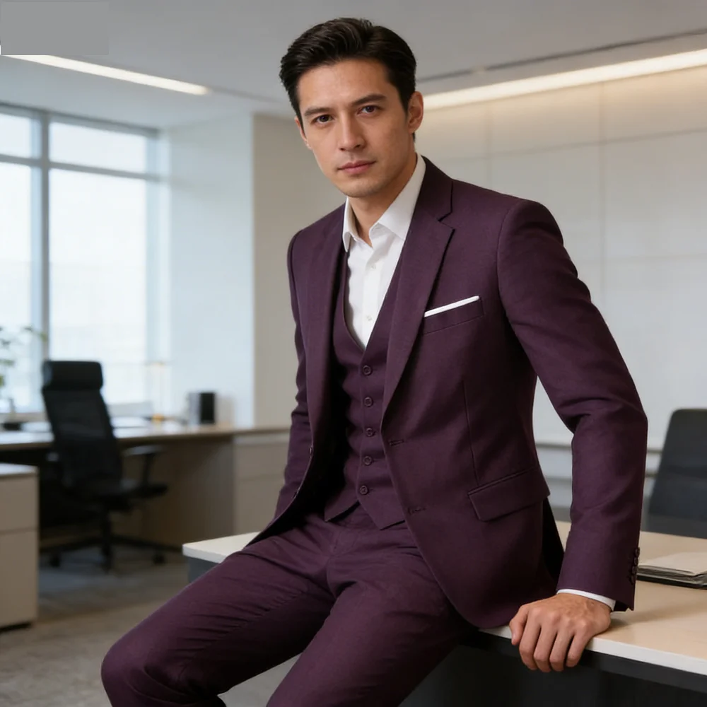 

Men's Monochromatic Slim Fit Wedding Suit Terno Peak Lapel 3 Button Jacket Vest Set Formal Business Smoking Attire