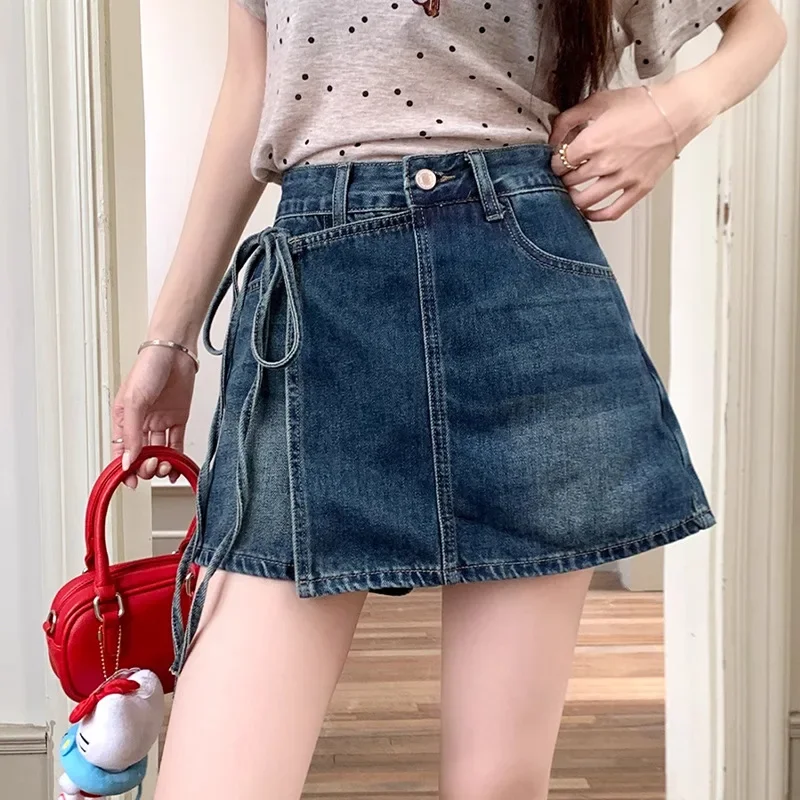 

Женские джинсовые шорты трапециевидной формы с высокой талией, корейский стиль, женские нерегулярные искусственные шорты из двух предметов, однотонная летняя одежда в стиле ретро