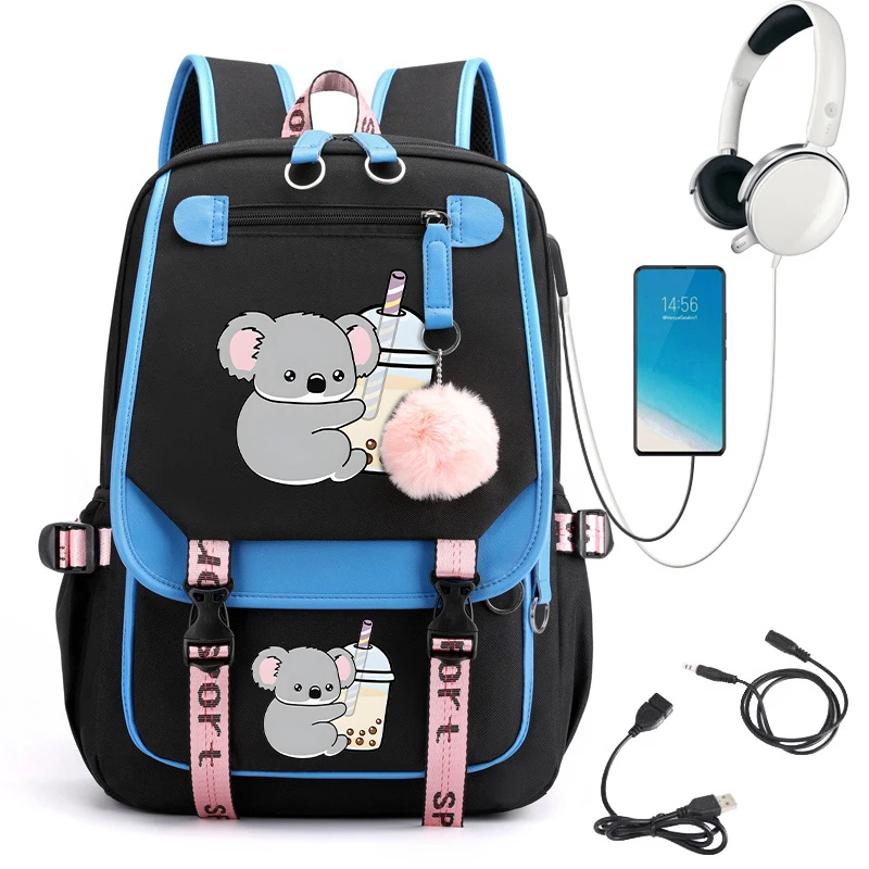 

Primary Schoolbag for Girls Teenager Backpack Cartoon Koala Boba Tea Kawaii Waterproof School Bag Backpacks Anime Usb Bookbag