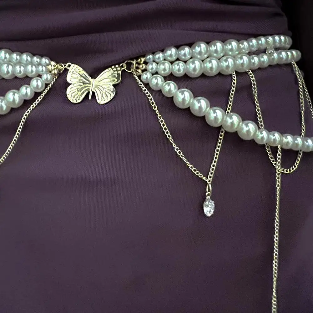Ceinture rétro Y2K multicouche en perles pour femmes, accessoire de bijoux de corps à la mode pour fête et tenue décontractée