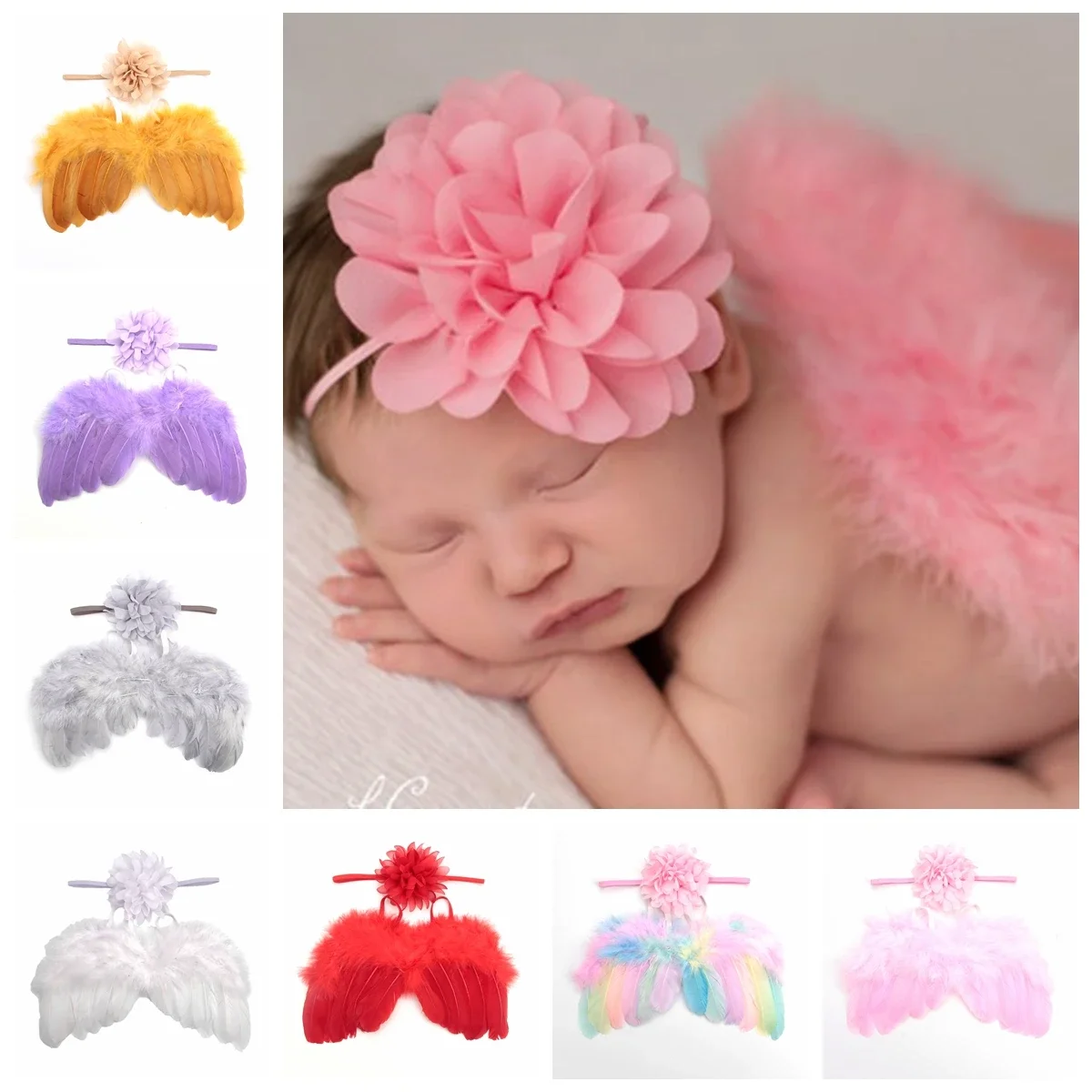 New 2pcs/set Soft Angel Feather Wing with Chiffon Flower Headband for Baby Girls Photo Props Newborn Birthday Party Decor Gifts