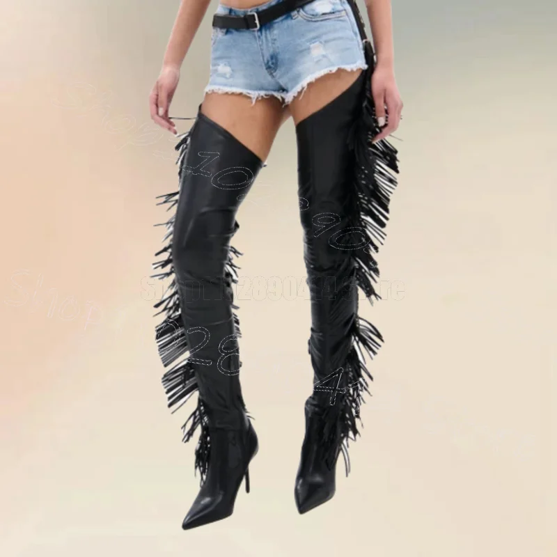 

Black Tassels Belt Fastener Pointed Toe Pant Boots Belt Strap Women Shoes Thin High Heels Party Dating 2025 Zapatos Para Mujere