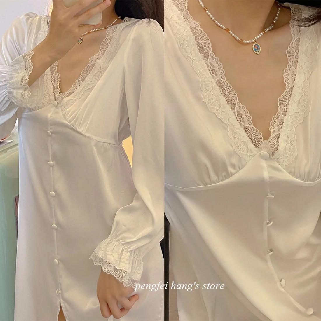 Long Sleeve Lace Sleepwea Silk Satin Nightgown Lady Elegant Homewear Fairy Princess Style Nightwear V-Neck Nightdress Loungewear