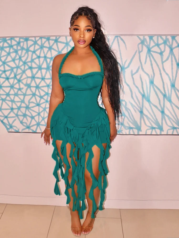 Seksowna sukienka halterneck damska elegancka asymetryczny dół z frędzlami odkryte plecy nocna obcisła elastyczna na przyjęcie urodzinowe do klubu bodycon