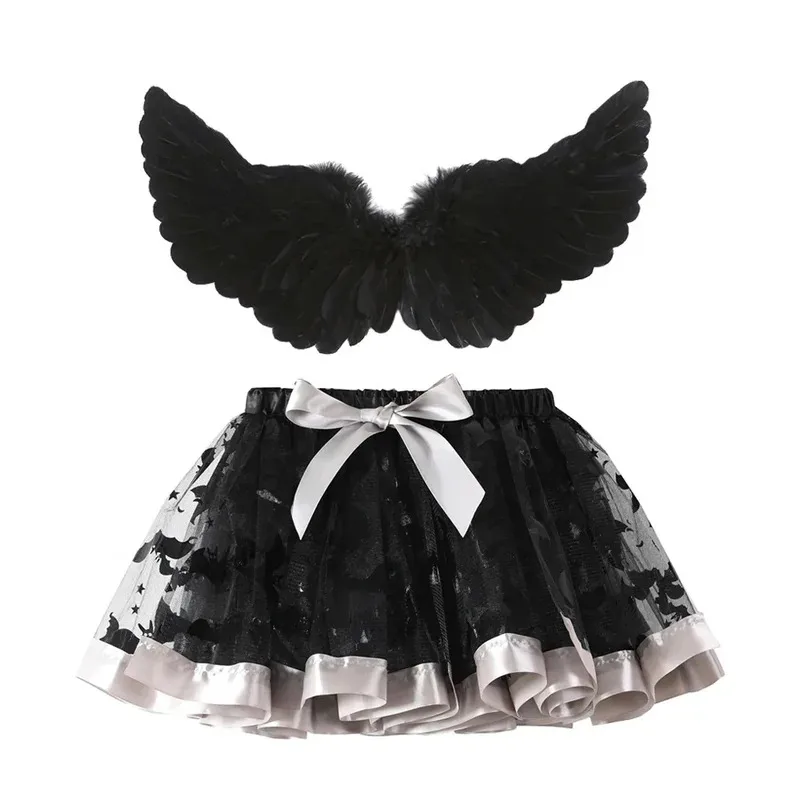 

qq023Хэллоуин платье-пачка для девочек черные перья с крыльями из двух частей с принтом сетчатая детская юбка-бюстье аниме косплей