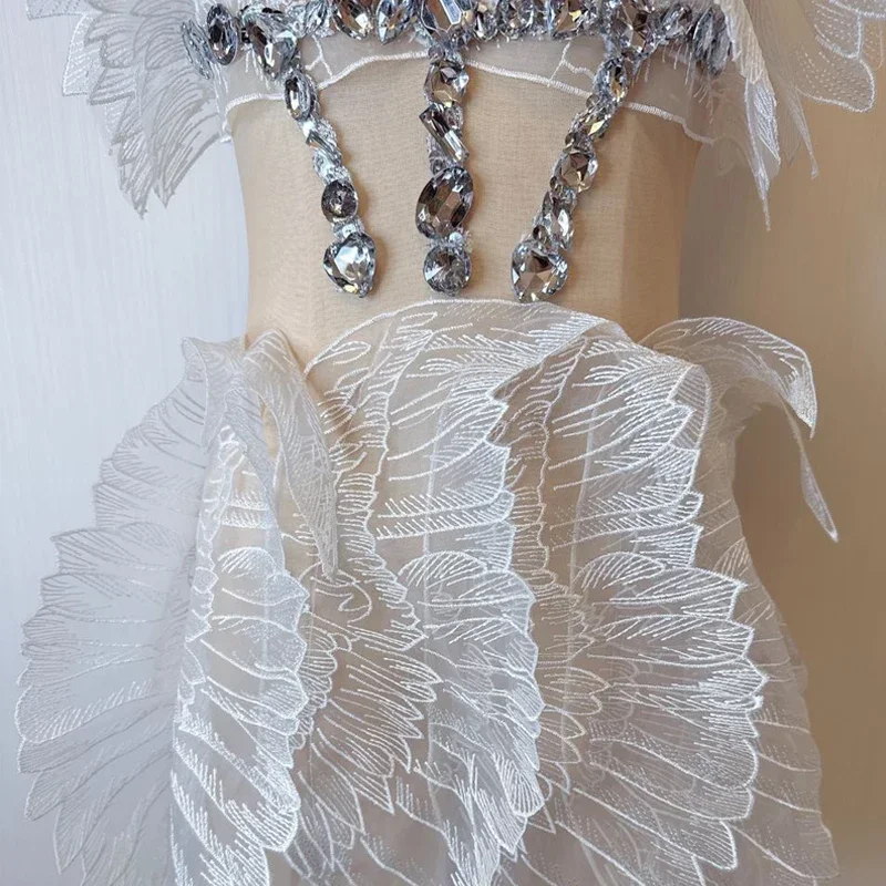 Robe de Soirée Sexy en Maille Blanche pour Femme, Tenue de Soirée à Strass, Col Licou, Boîte de Nuit, Dj DS Drag Queen, Costume de Scène, Rave