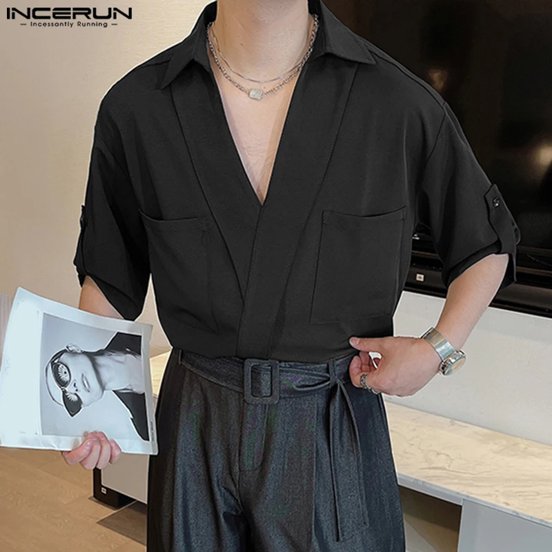 Fashion Casual Style Tops INCERUN New Men Loose Simple Pocket Design Shirt Handsome Male Solid All-match Mid Sleeve Blouse S-5XL