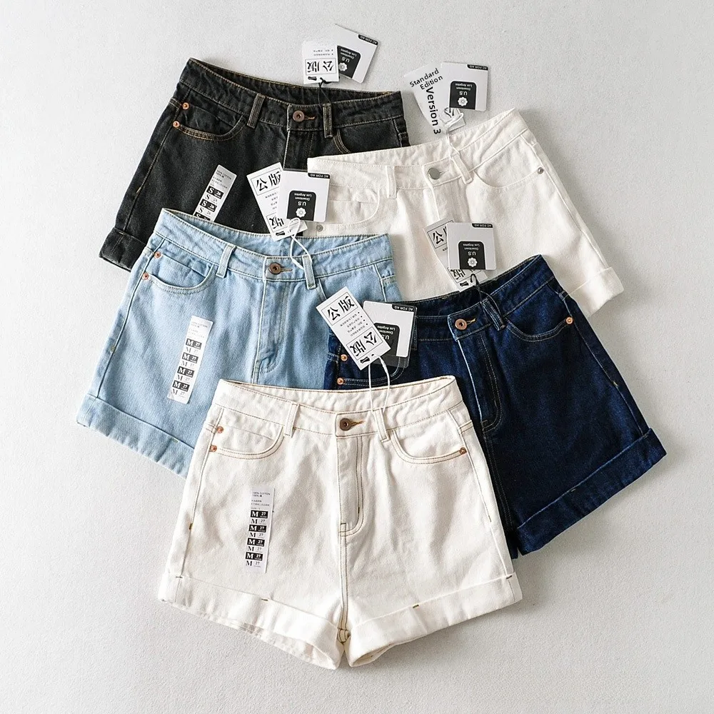 orts de Denim de Cintura Alta com Punho para Mulheres Verão 2020 Novo Cor Pura Solto Emaecendo A-Line Calças Largas Versá...