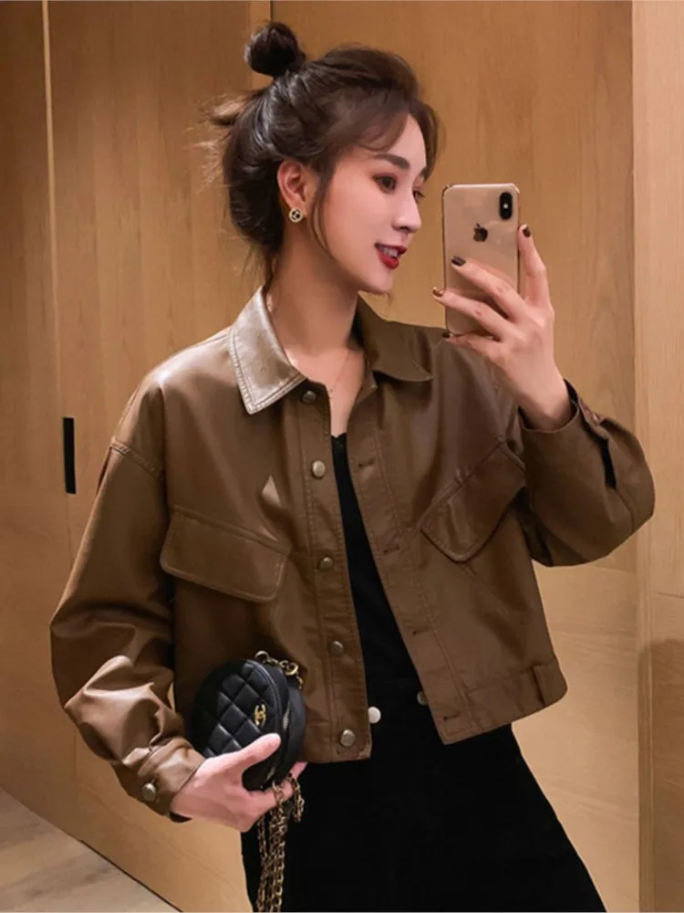 Vintage Pu Leather Short Jacket Women Fashion Casual Turn Down Collar Button Coat Spring 2025 Loose Chic Streetwear Outerwear