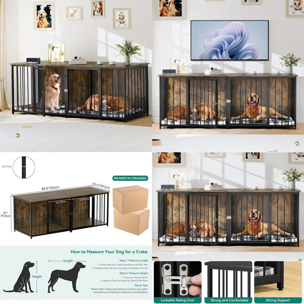 

80.2 Two-Dog Cage Furniture with Divider, Medium Dog Crate TV Stand, Brown