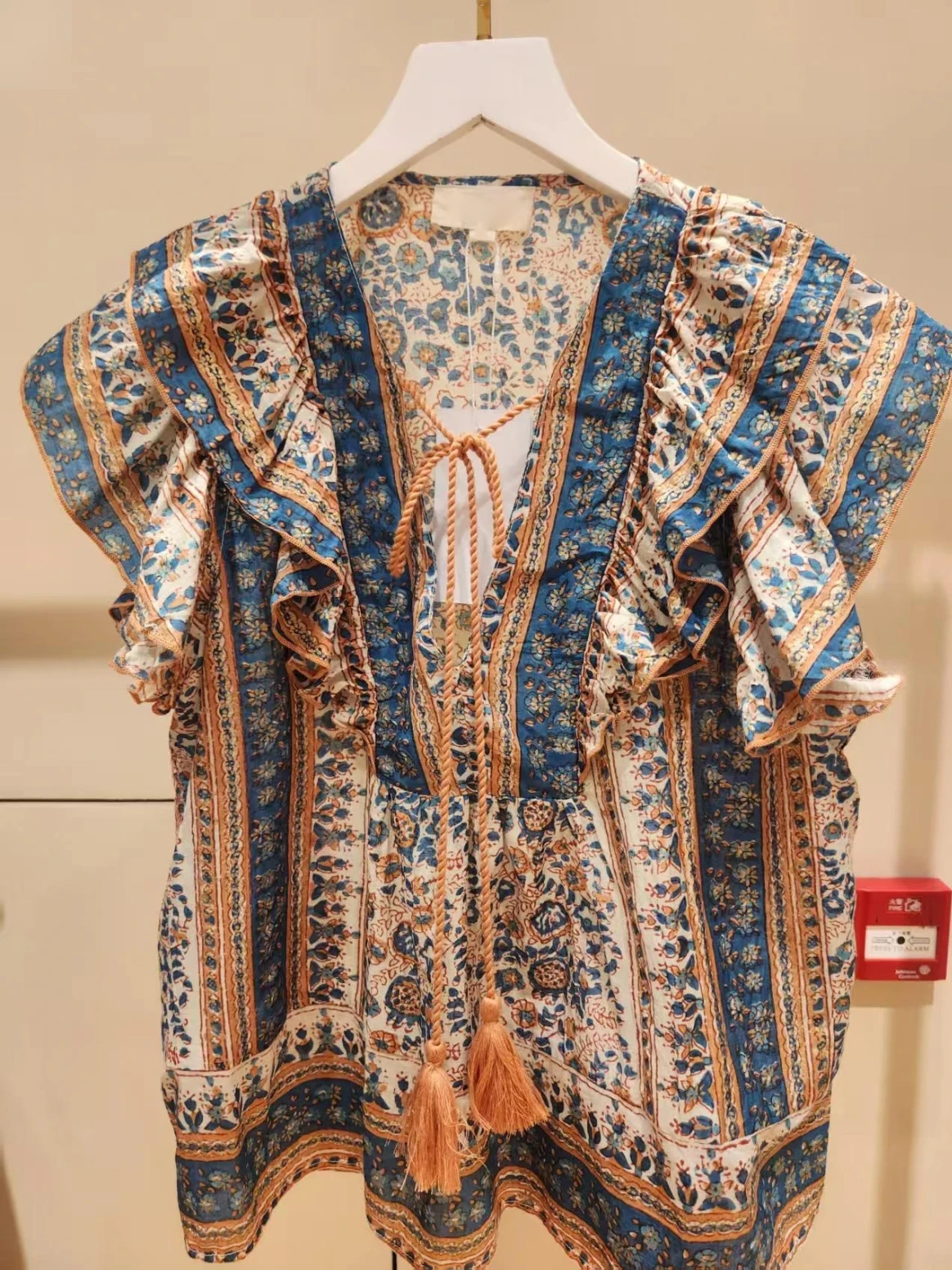 

25 Summer Vintage Ruffle Hem Printed V-neck Short Sleeve Shirt Women's Comfortable Breathable Cotton Casual Floral Shirt