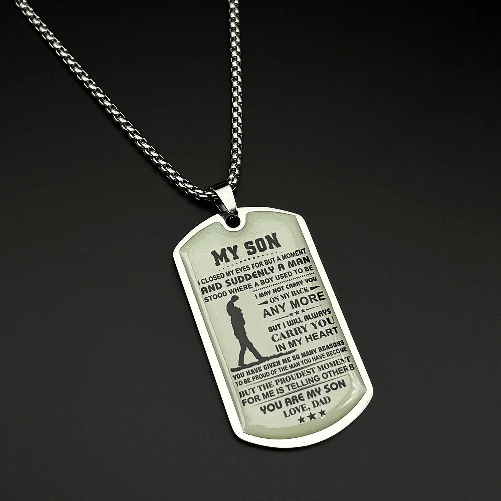 Dad To My Son Quote Stainless Steel Dog Tag Necklace Pendant Silver Color Father Love Jewelry Gift For Son Birthday Graduation