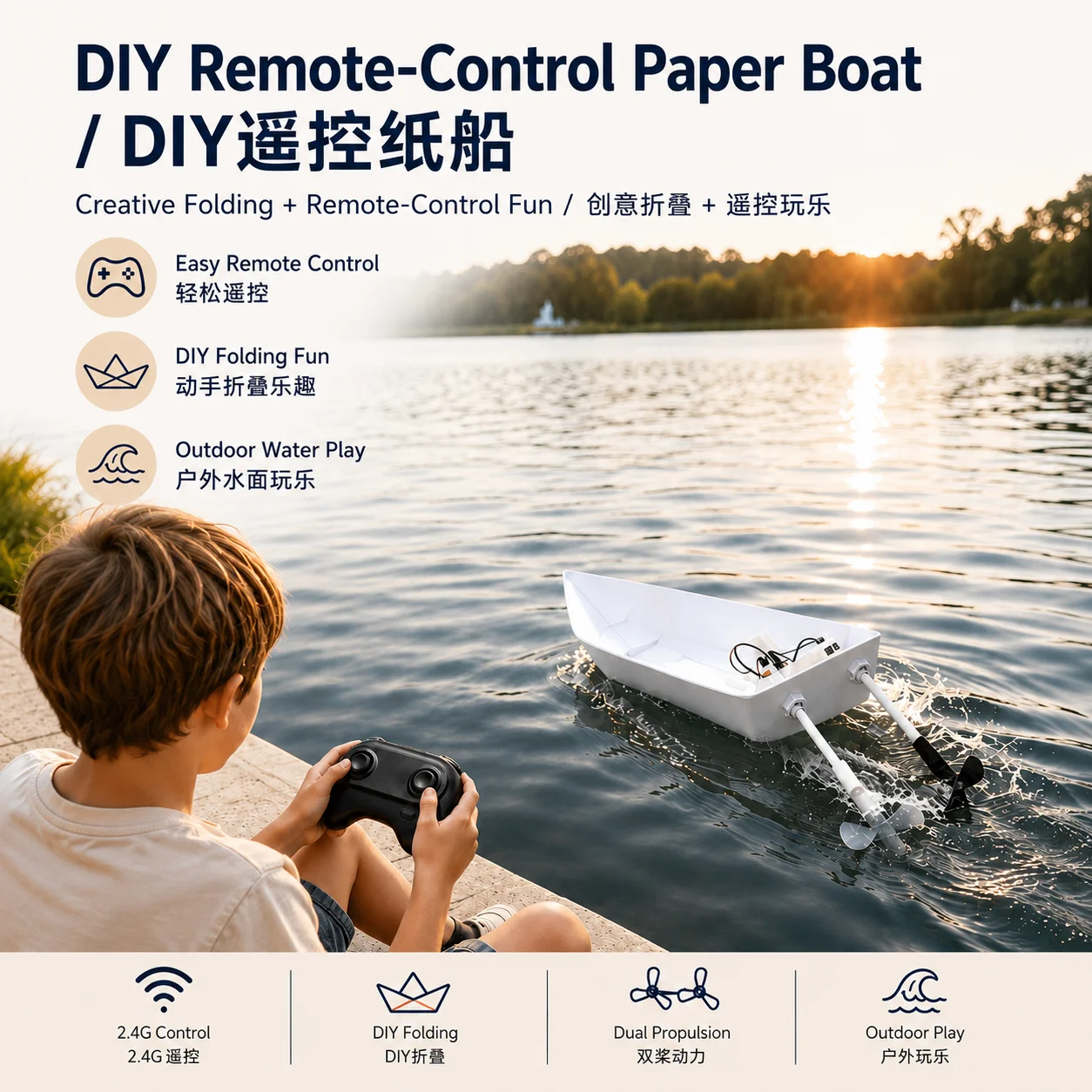 2.4G Remote Control Boat Toy DIY RC Paper Boat STEM Dual Motor Handmade Edcational Model Outdoor Swimming Pool Interactive Game