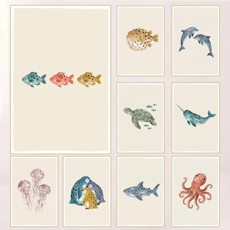 Minimalist Watercolor Marine Life Poster Ocean Animal Jellyfish Pufferfish Shark Canvas Painting Wall Art Living Room Home Decor