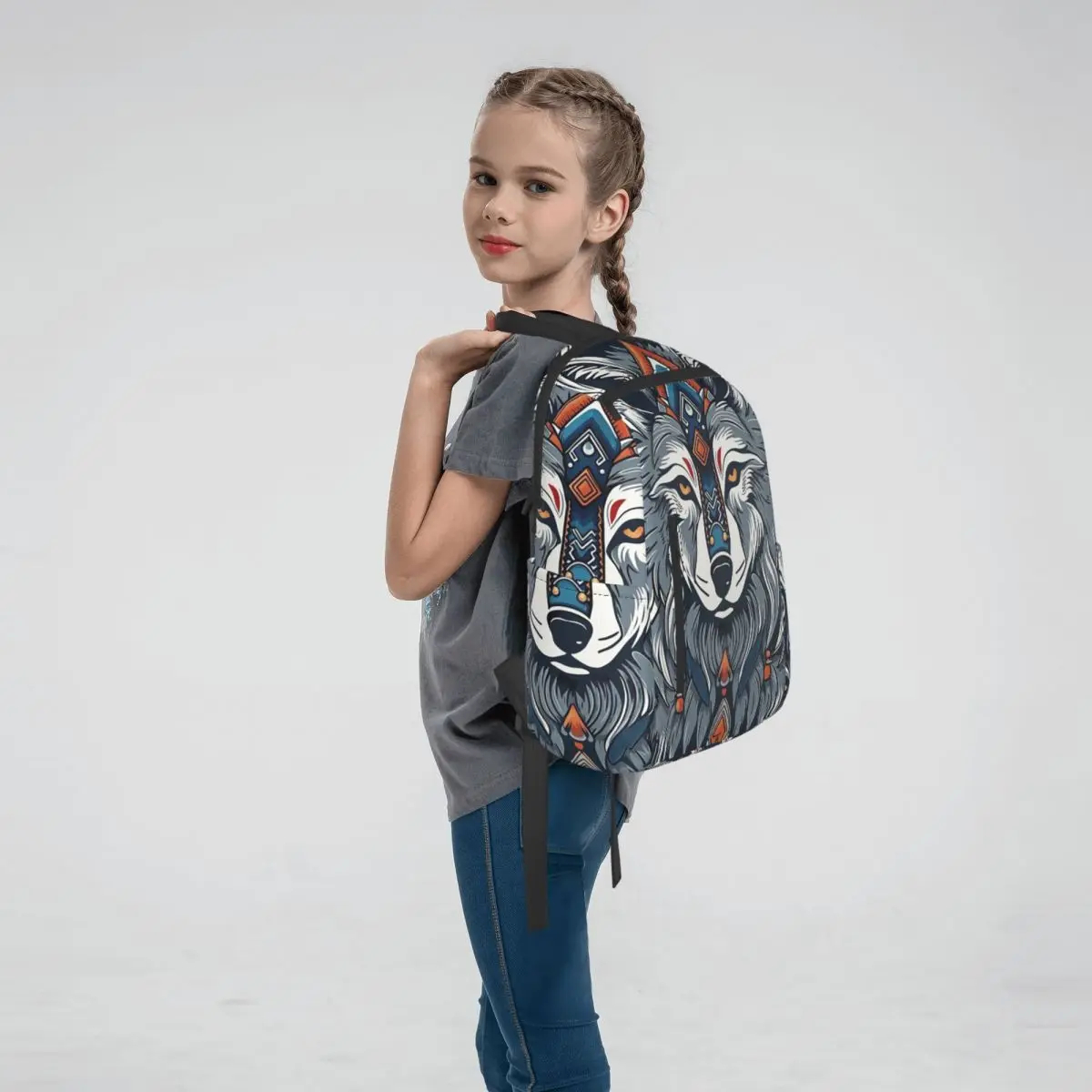 Dreamy Ethnic Style Wolf Backpack Large Capacity Children BookBag School Bag Shoulder Bags for Men Women