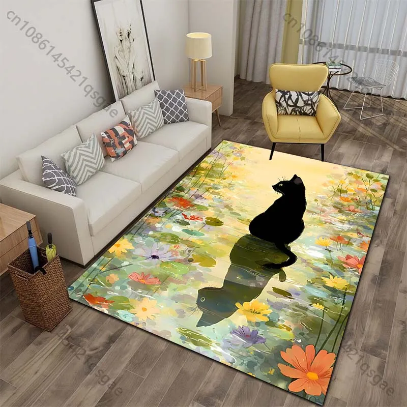 Black cat sitting floral pond reflection Print Carpet for Living Room Bedroom Sofa Home Decor Non-slip Mat Luxury Gift