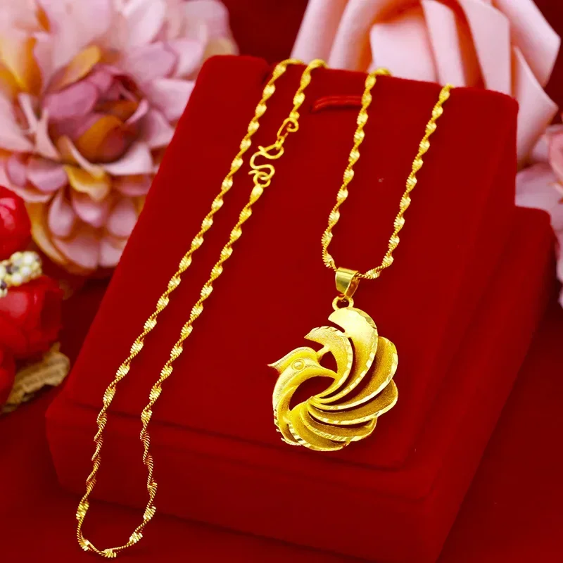 9999 Real Gold 24K Peacock Women Necklace Real Gold Fashion Retro Peacock Women Collarbone Chain