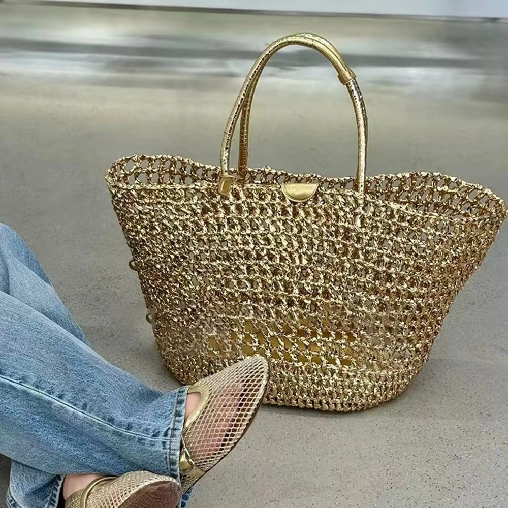Luxury Gold Metallic Hollow Knit Tote Bag For Women, Large Capacity Shiny Mesh Woven Shoulder Handbag, Trendy Shopper Bag