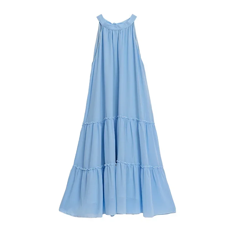 Girls Summer Beach Dress 2024 New Fashion Blue Sleeveless Sling Long Princess Dress Holiday Party Dress Teenage Kids Clothes