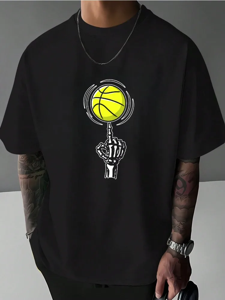 Skeleton Hand Spin Yellow Basketball Oversized Crew Neck Tee Sport Top For Male Basketball Fans Summer Casual Short Sleeve Tee