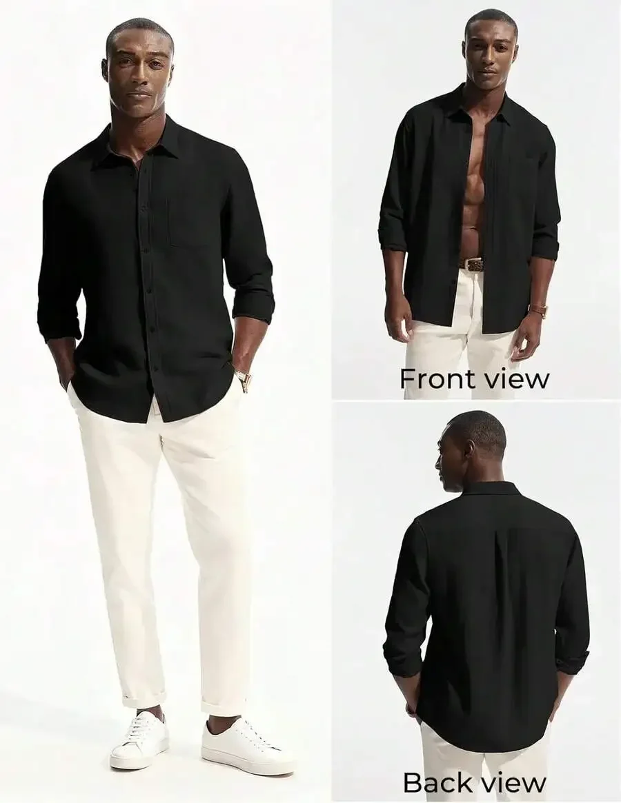 

Mens Casual Linen Blend Button Down Shirt Long Sleeve With Chest Pocket