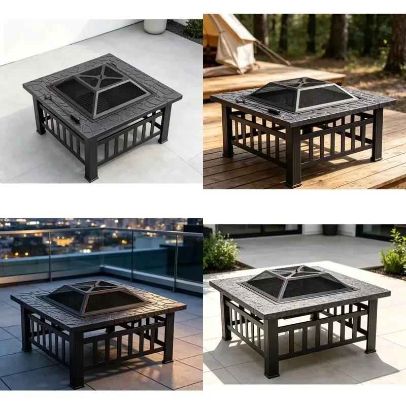 Large Square Weathering Steel Fire Pit Table Outdoor Heating BBQ Grill Stew Cooking Drink Iced Villa Utensils Multi-purpose