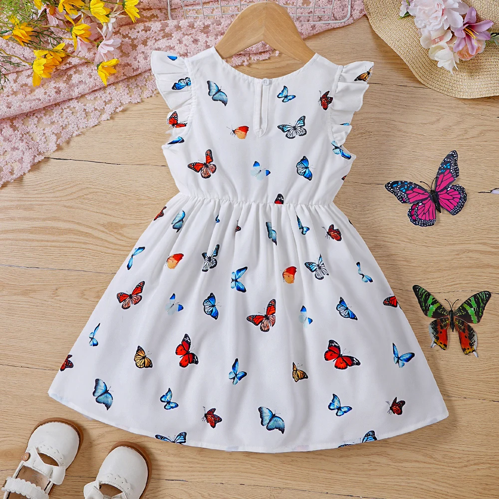 Girls' Spring/Summer Small Flying Sleeve Bow Printed Dress