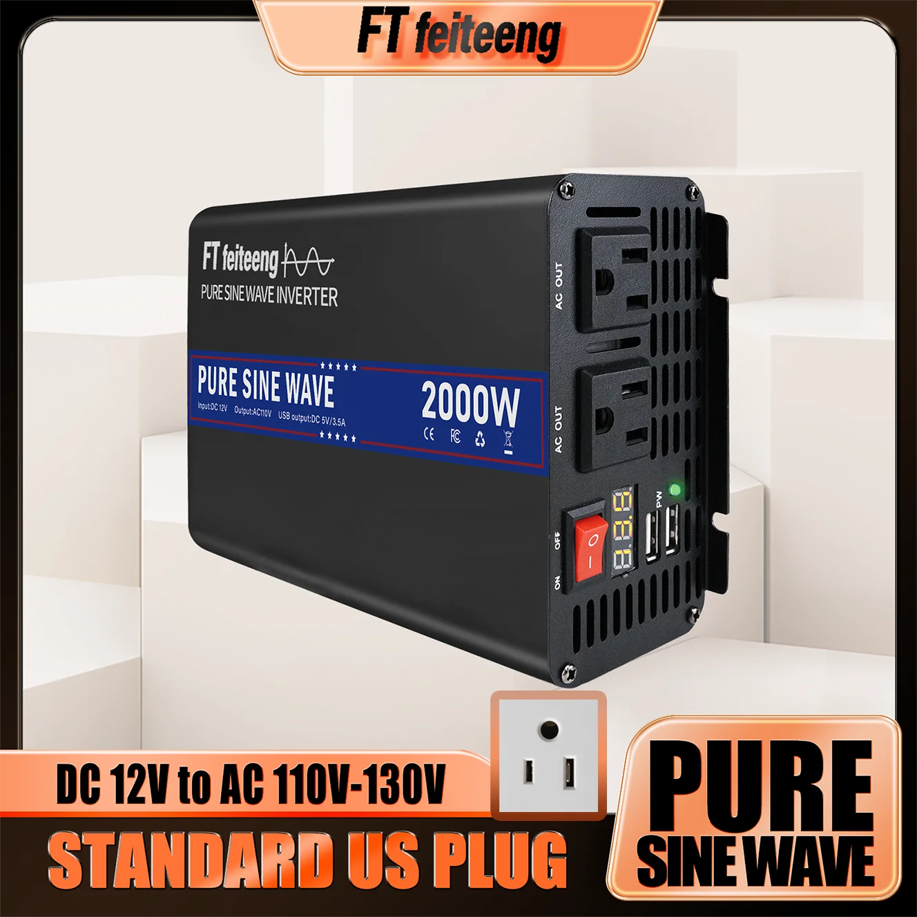 

FT feiteeng 2000W Pure Sine Wave Inverter 12V To 110V AC Converter With USB Port For Home Car RV Solar Power System