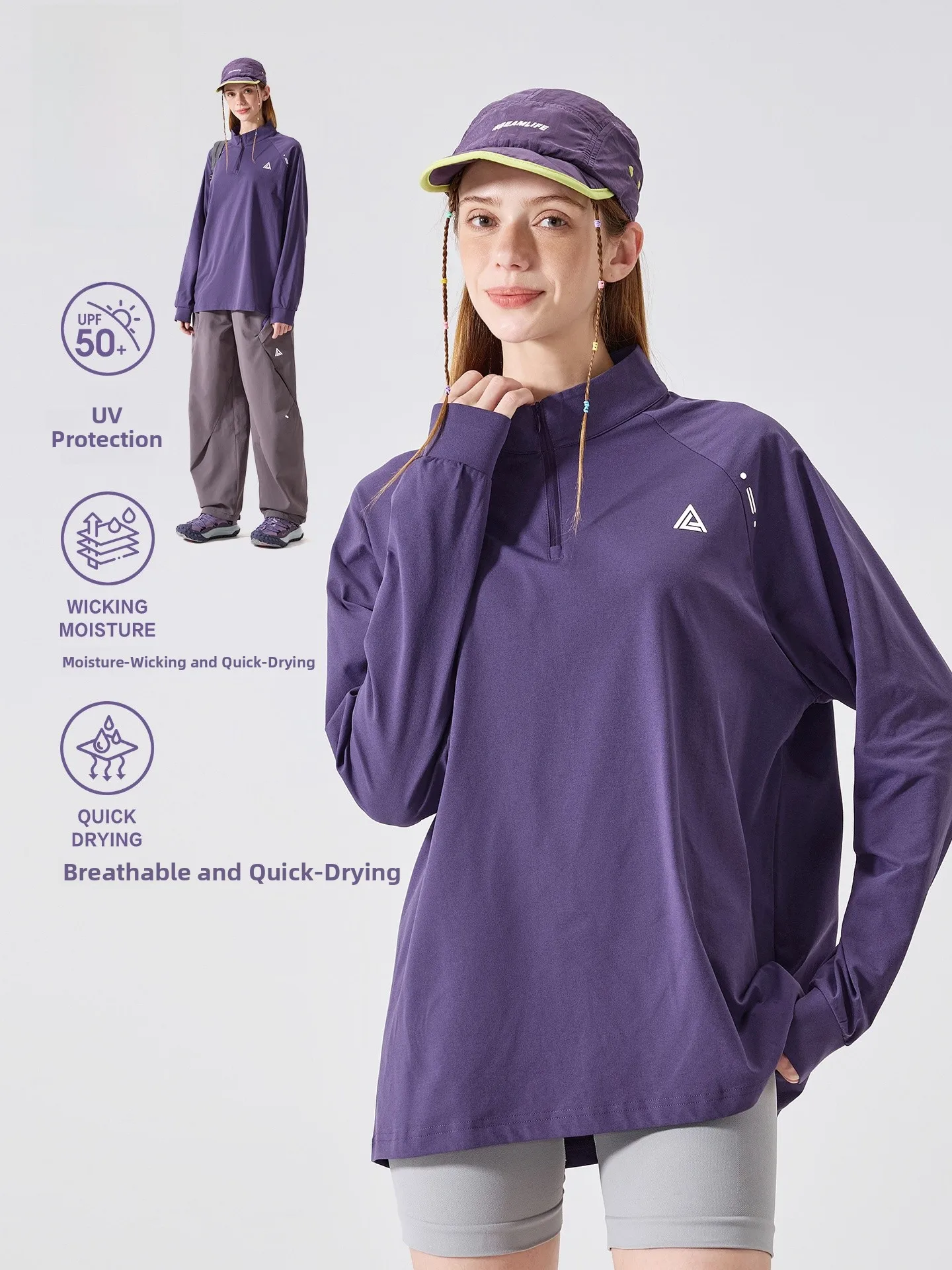 

LAZY DAY Outdoor Cycling Long Sve T-irt Women's Loose Fit f Zip Qui Dry Anti-Uv Breathable Spor Sle Polyester F...