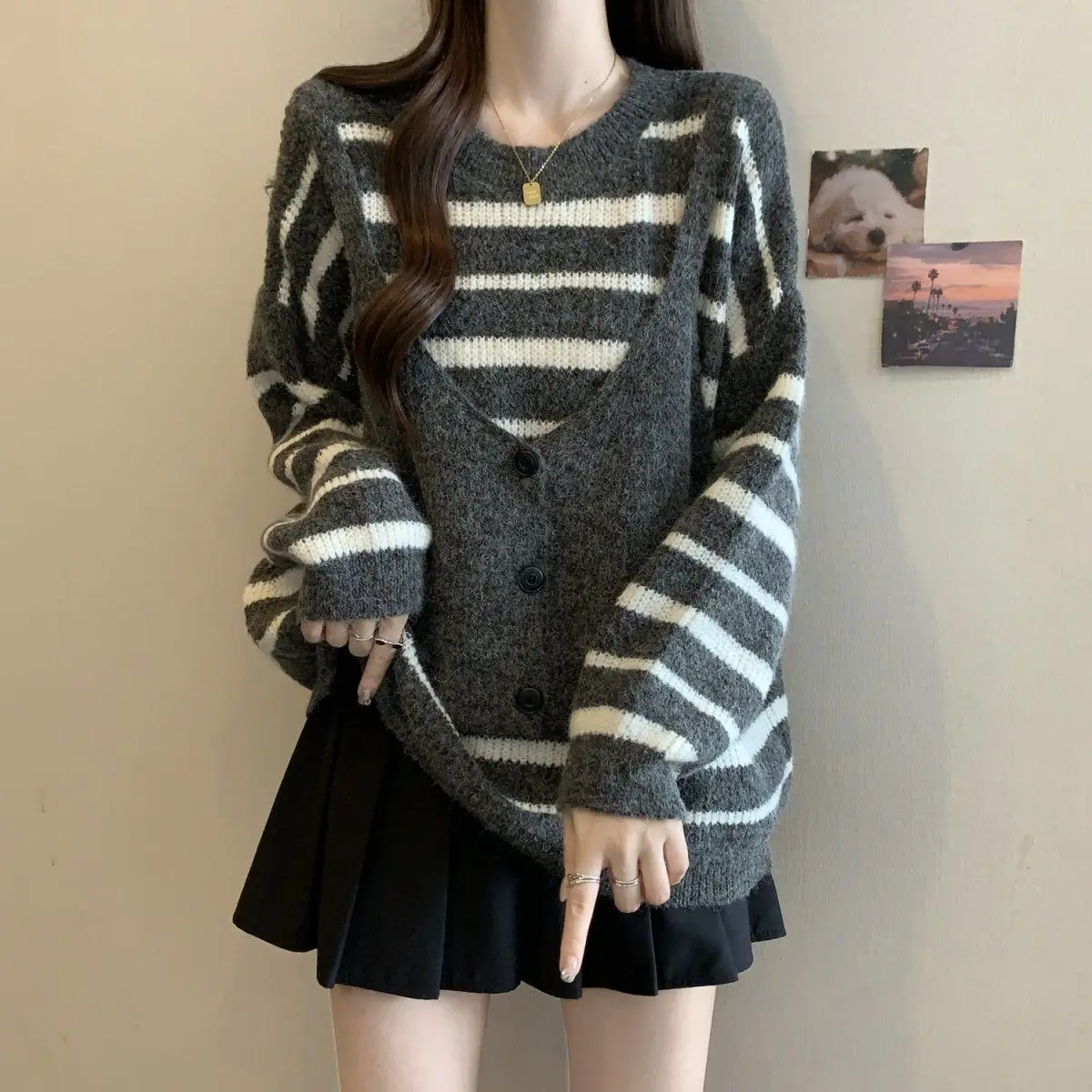 Fake Two-Piece Sweater Gray Striped Female Winter New Plus Size Slim Fashion Chic Joker Top Niche Design Sense