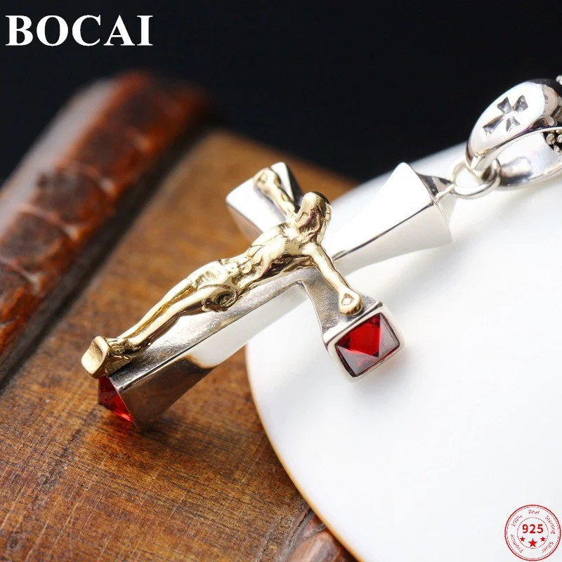 BOCAI S925 Sterling Silver Pendant for Men Women Jesus Cross Vintage Red Zircon New Fashion Popular Amulet Jewelry