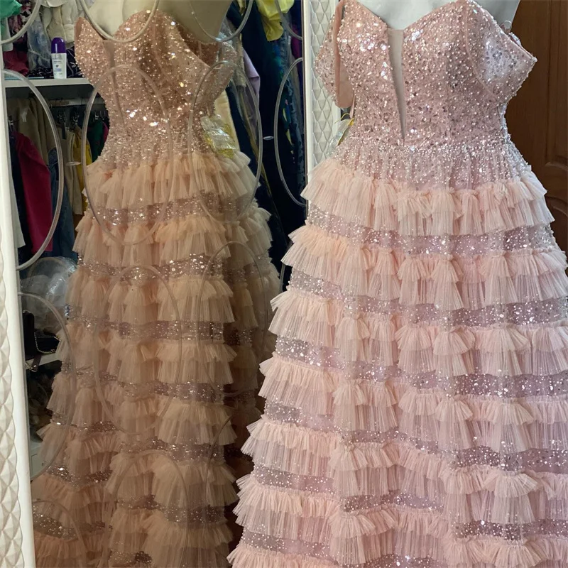 OIMG Pink Shiny Sequins Tiered Evening Dresses Off Shoulder Tulle Ruched Sweetheart Prom Fashion Celebrity Formal Party Robe