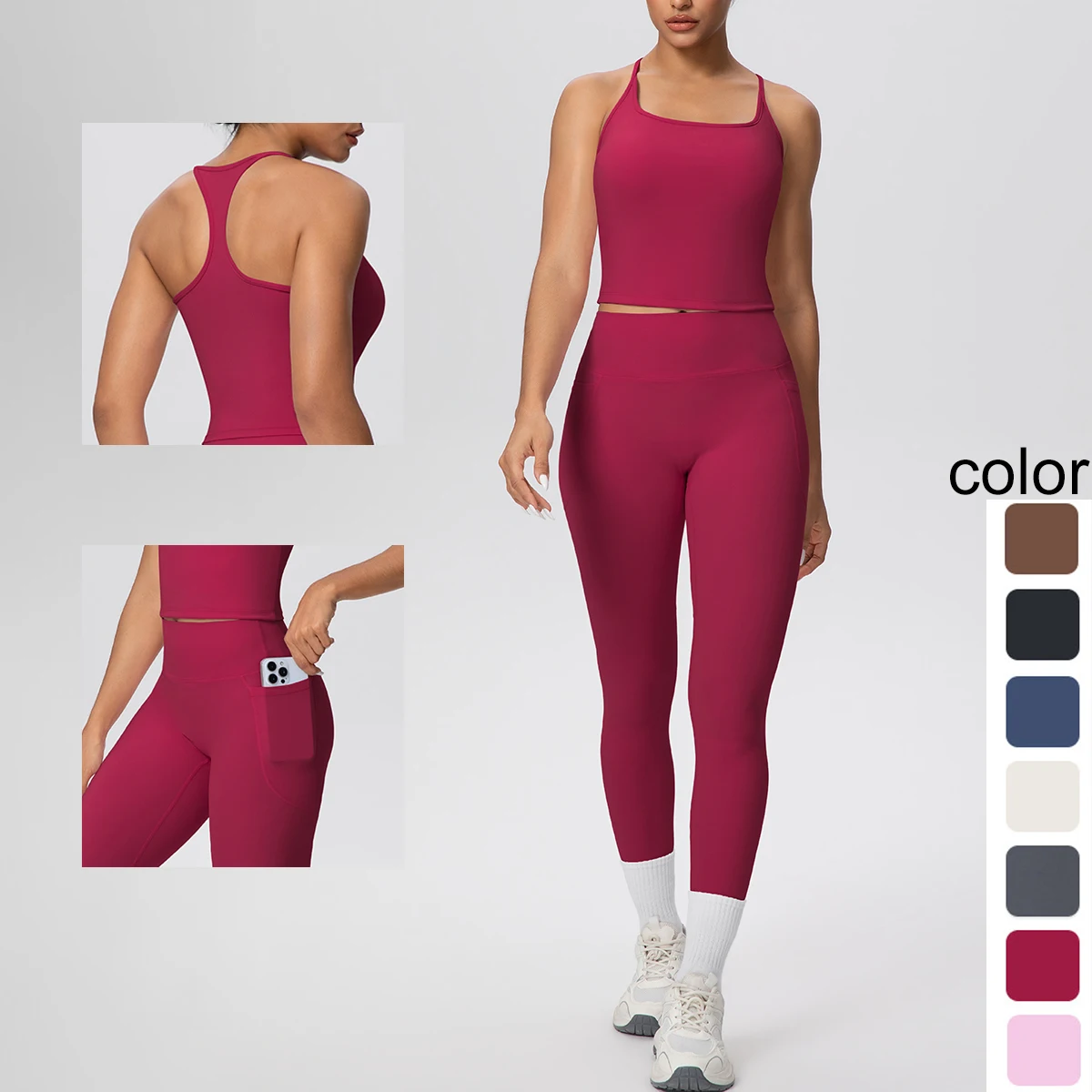 2Pieces High Stretch Solid Color Yoga Set Women Quick-Dry Thin Shoulder Straps Vest I-shaped Vest Workout Top Pockets Pants Set