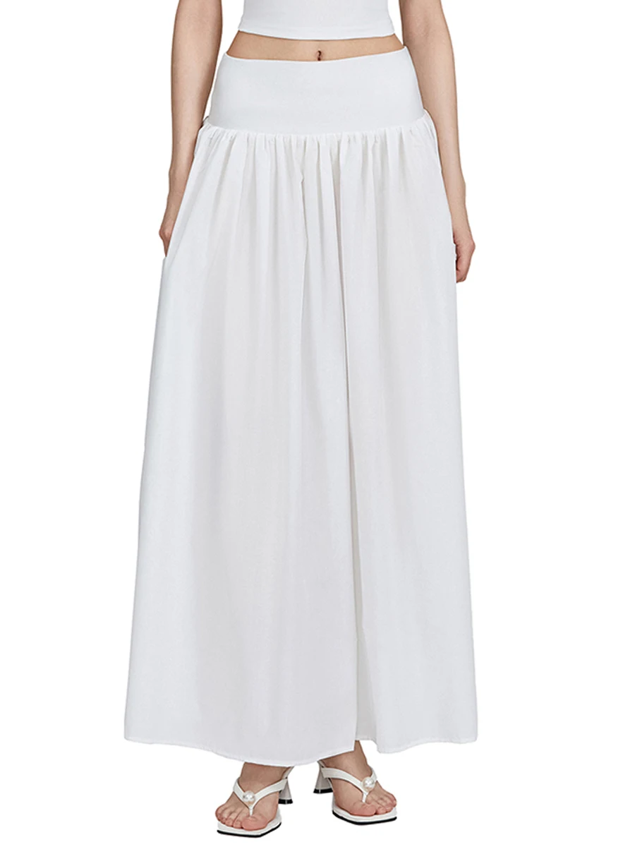 Women s Long Skirt Loose Fitting Elastic Waist Ruched Detail Solid Color Skirt for Spring Summer