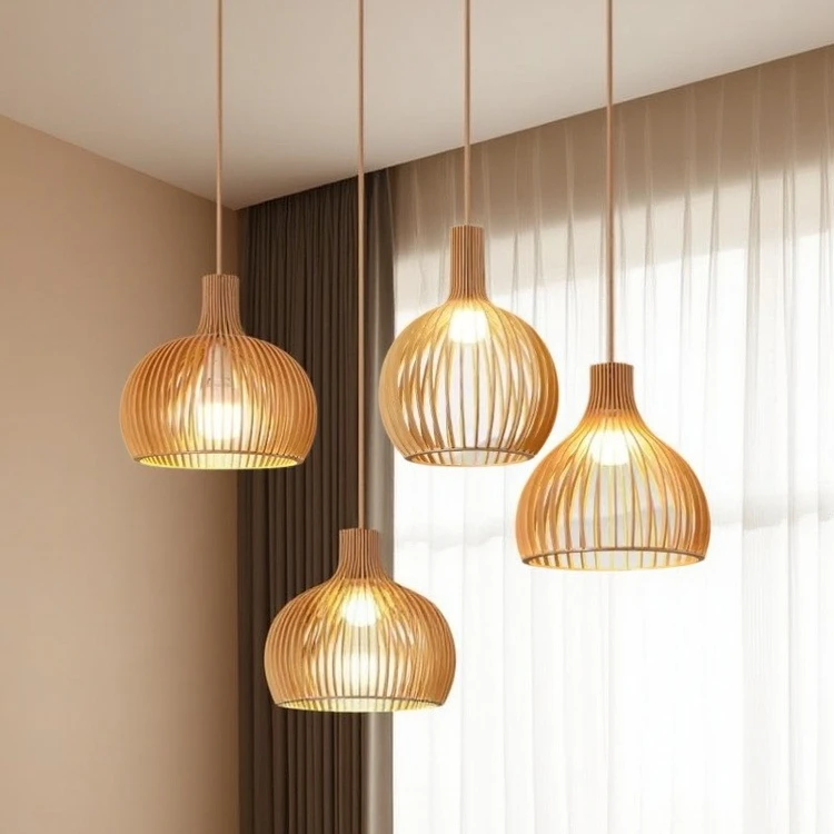

E27 Retro Pendant Lamp Chandeliers Wood Bird Cage Lamp Wooden Hanging Light for Living Room Indoor Lustre Home Decoration