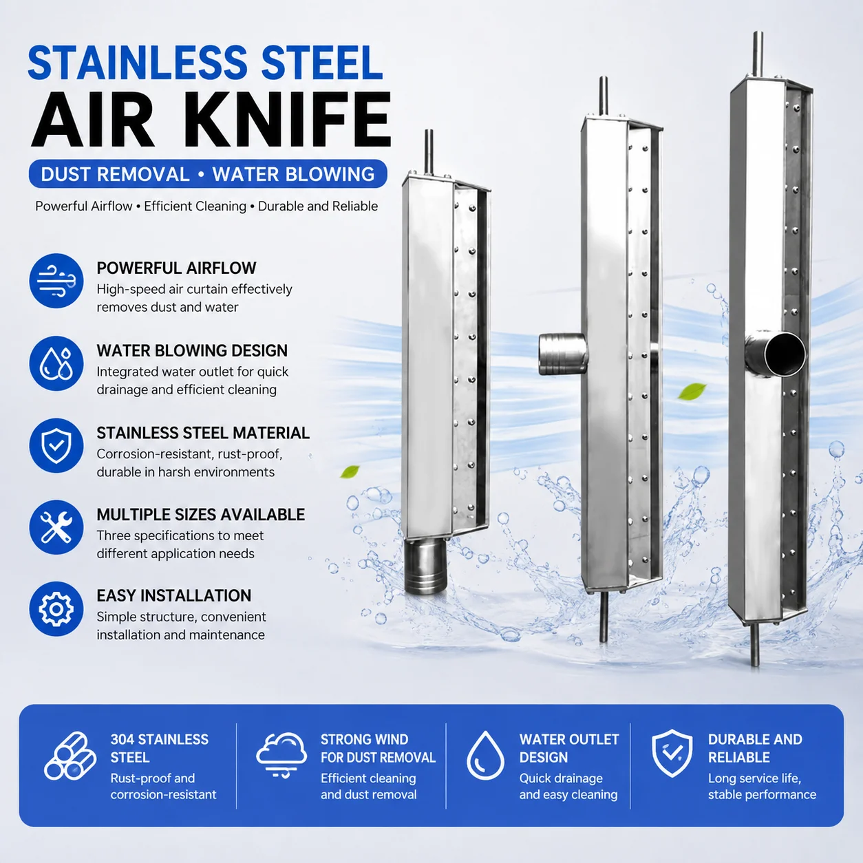 30-950mm 304 Stainless Steel Wind Knife Industrial Fan Power Knife Nozzle Blows Water for Dust Removal, Single-Sided Air Inlet